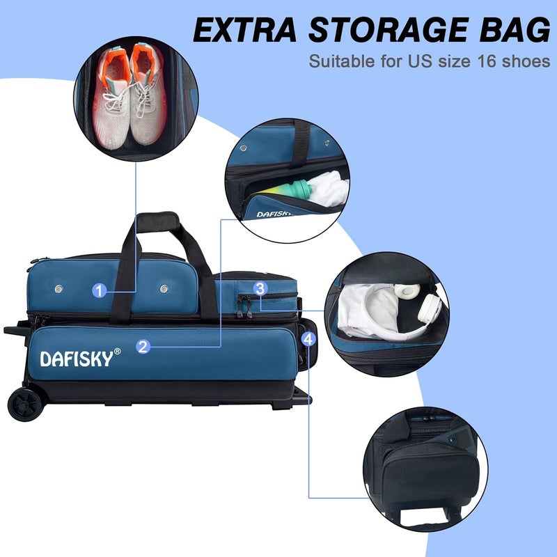 DAFISKY 3 ball bowling bags with wheels, bowling ball bag 3 ball roller with Multiple Pockets Retractable Handle - Image 5